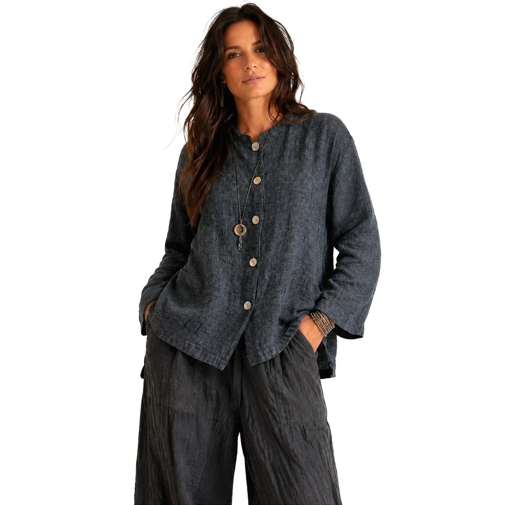 Dialogue Womens Large Blue Linen Cotton Blend Lagenlook Button Front Shacket
